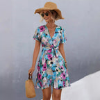 Damen Wickelkleid mit floralem Muster und schwingendem Rock R&B