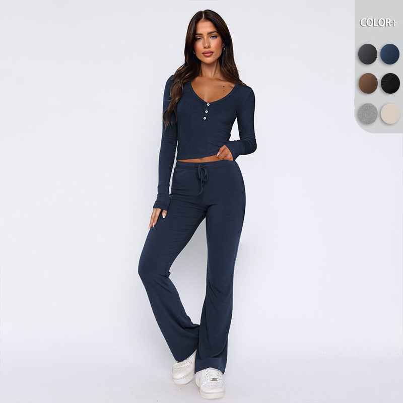 Damen bequemes Oberteil mit Knopfleiste und lockerer Hose R&B
