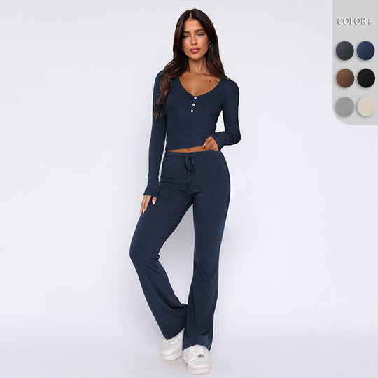 Damen bequemes Oberteil mit Knopfleiste und lockerer Hose R&B