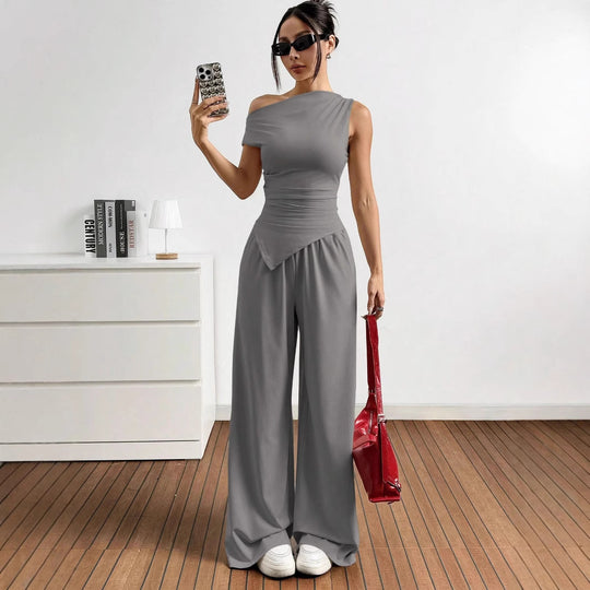 Damen elegantes und lässiges Jumpsuit-Set mit asymmetrischem Schnitt und weitem Bein R&B