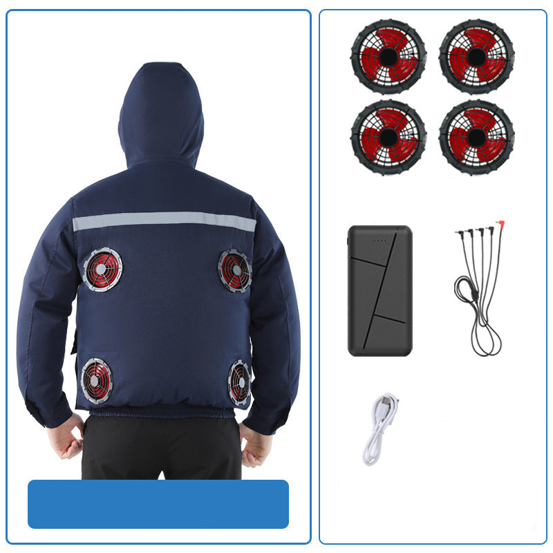 Unisex nan ventilated jacket for work and outdoor with integrated USB fans, battery compartment and hood R&B