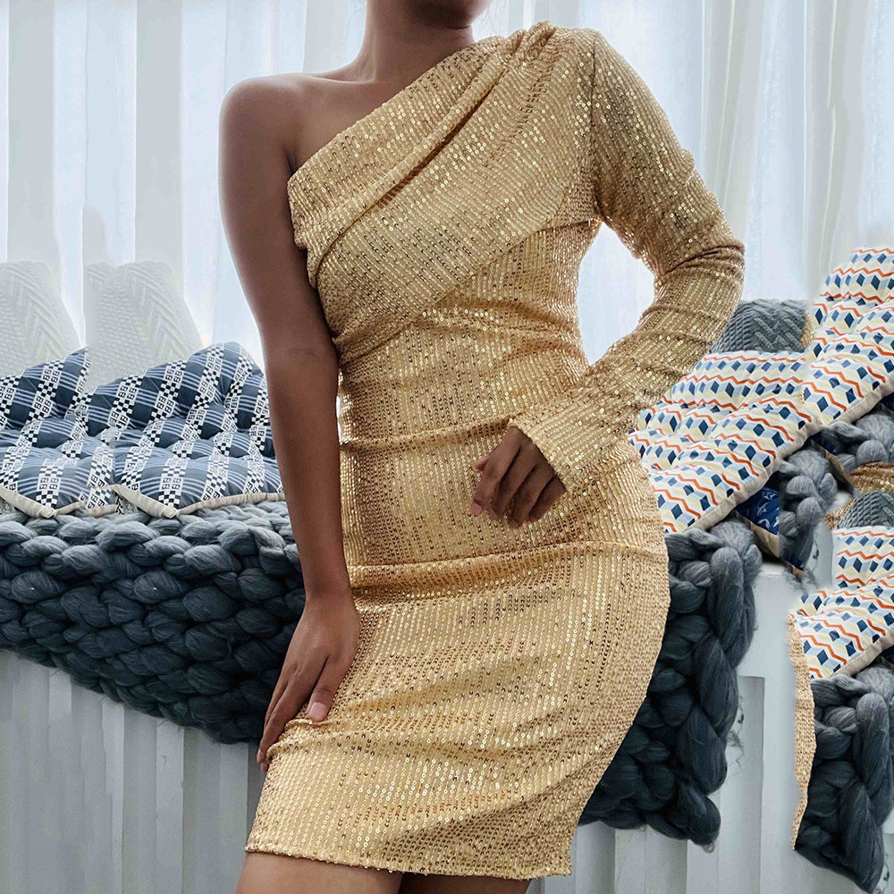 Damen Glitzerndes Midikleid mit asymmetrischem Schnitt und elegantem Raffung R&B