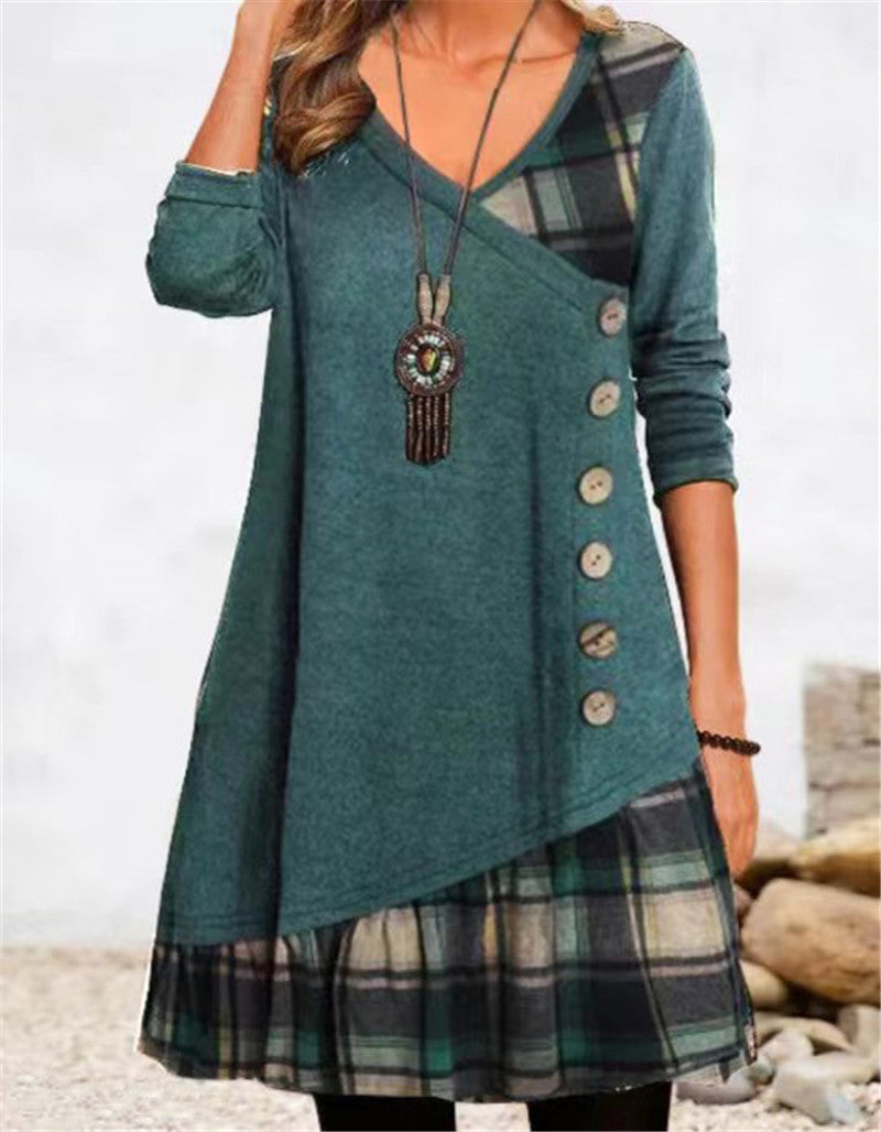 Damen asymmetrisches Freizeitkleid mit kariertem Saum und Knopfdetail R&B