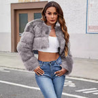 Damen Flauschige Kurzmantel aus Kunstfell mit puffartigen Ärmeln R&B