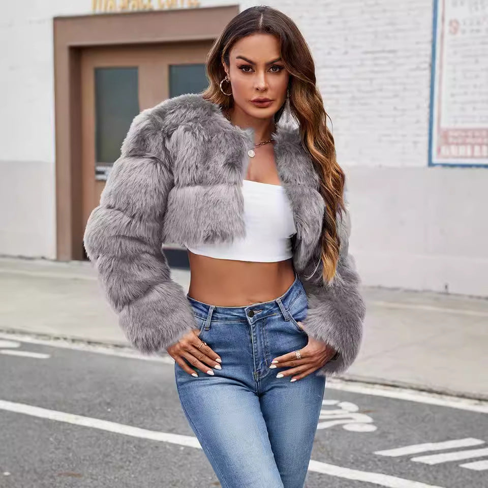 Damen Flauschige Kurzmantel aus Kunstfell mit puffartigen Ärmeln R&B