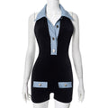R&B | Polokragen Denim kontrastierenden Jumpsuit Shorts