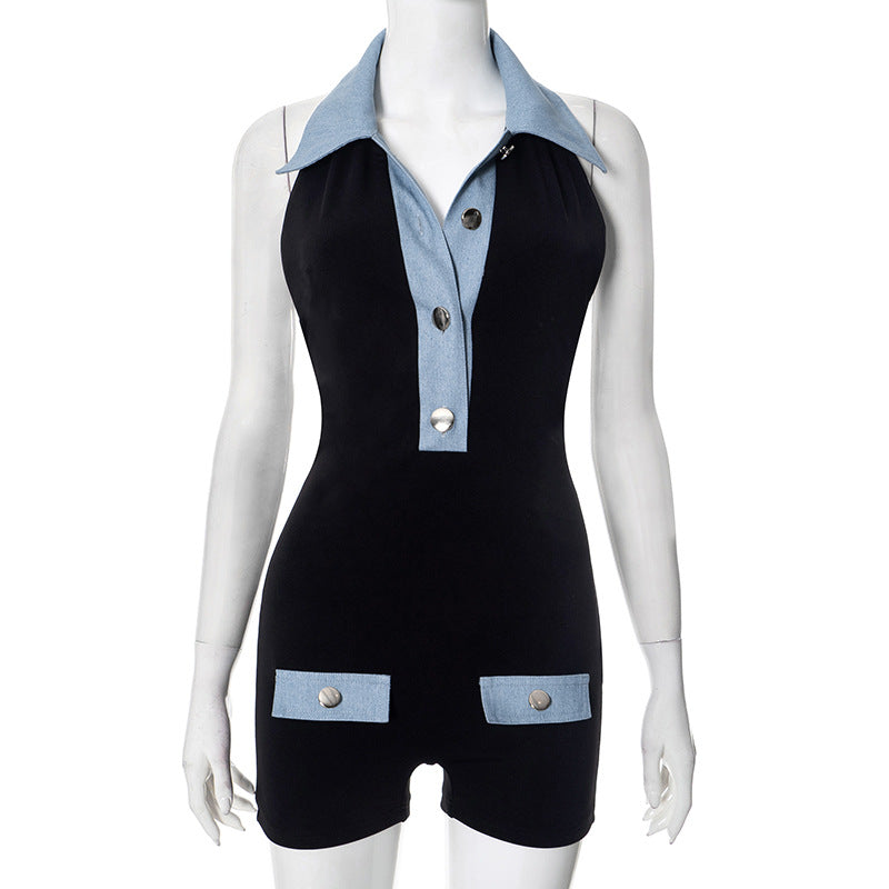 R&B | Polokragen Denim kontrastierenden Jumpsuit Shorts