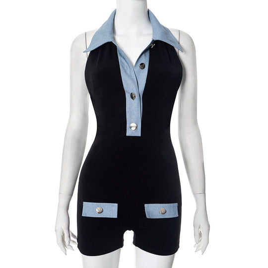 R&B | Polokragen Denim kontrastierenden Jumpsuit Shorts