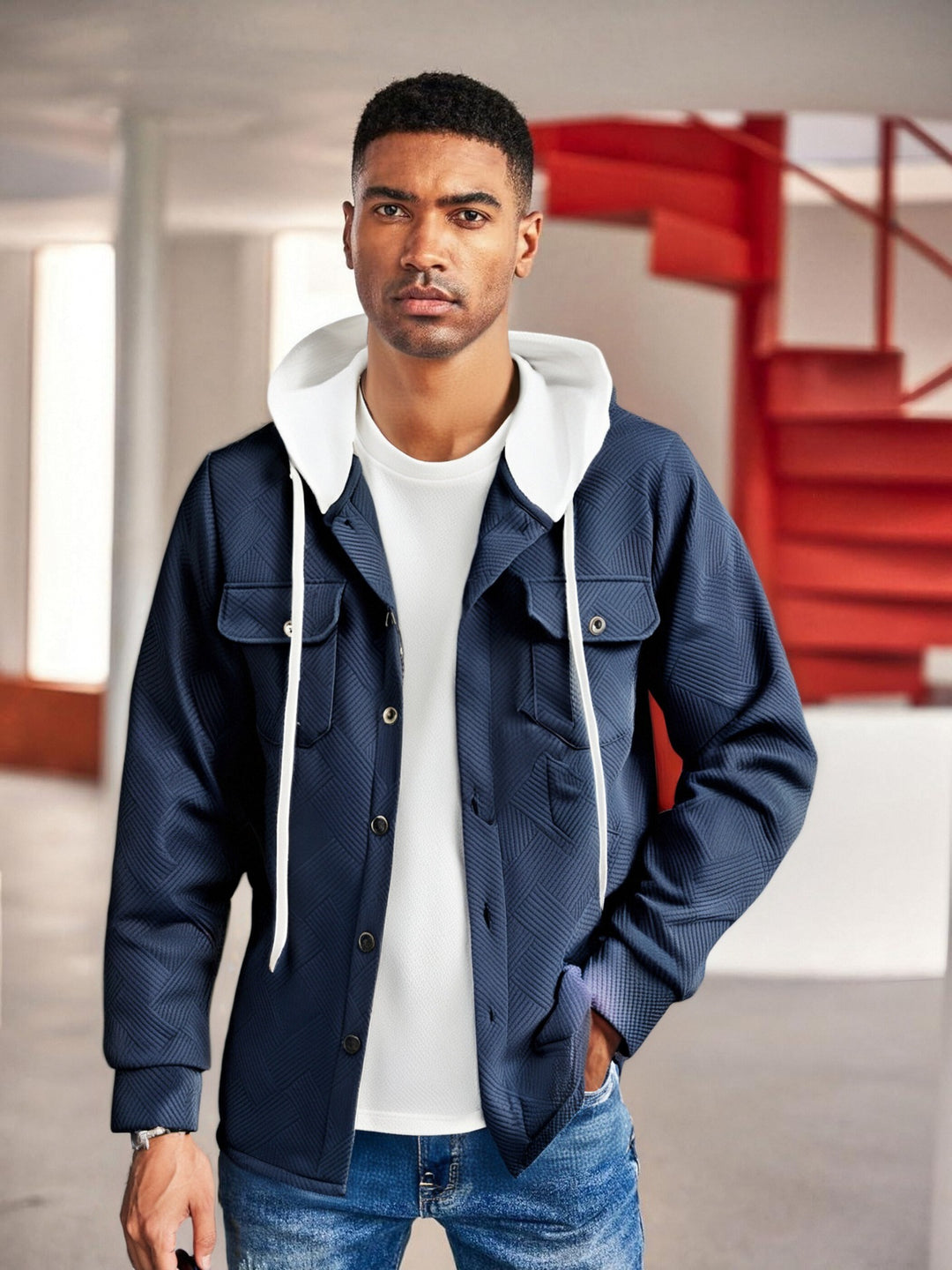 Herren modische Hybrid-Jacke mit abnehmbarer Kapuze und praktischen Taschen R&B