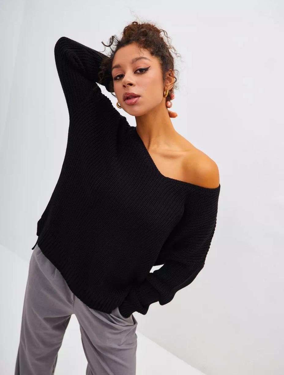 Damen lässiger Strickpullover mit tiefem V-Ausschnitt und seitlichen Schlitzen R&B