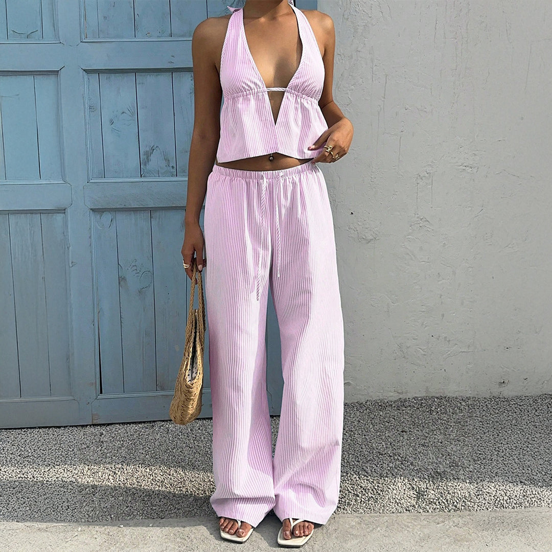Damen Lässiges Strandoutfit mit Crop-Top und weitem Hose R&B