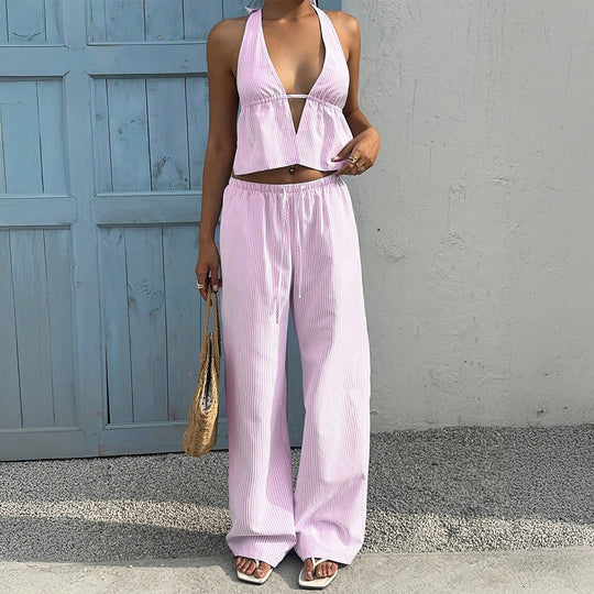 Damen Lässiges Strandoutfit mit Crop-Top und weitem Hose R&B