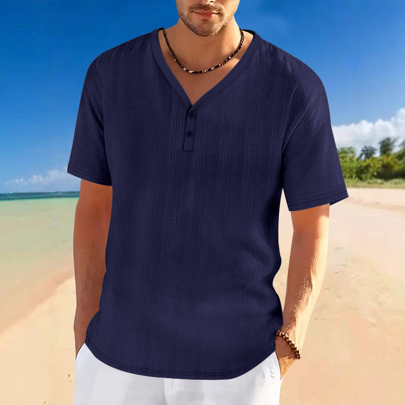 Herren lässiges Kurzarm-Henley-Shirt mit strukturierter Oberfläche R&B