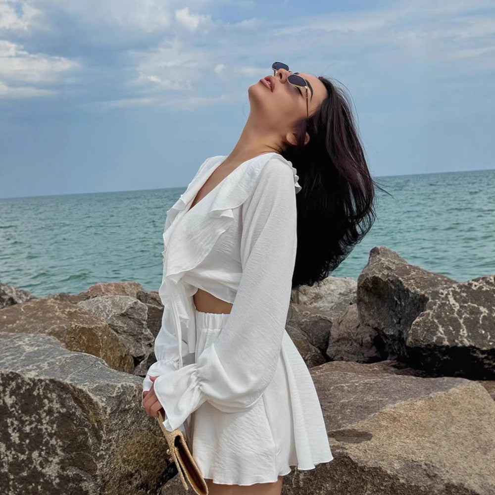 Damen verspieltes Sommerkleid mit Rüschen und tiefem V-Ausschnitt R&B