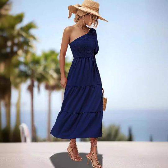 Damen luftiges Maxikleid mit einer Schulter und Rüschenvolant R&B