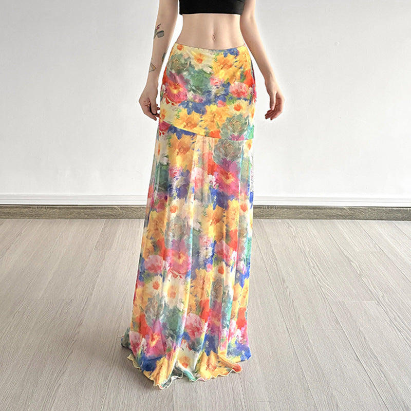 Damen Maxi-Rock mit floralem Chiffon-Design und schwingendem Saum R&B
