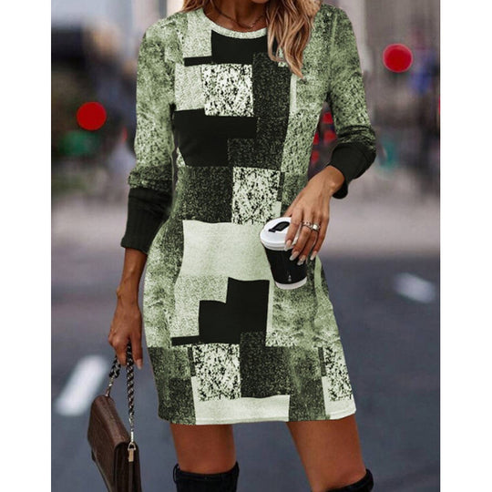 Damen Strickkleid mit modernem geometrischen Muster und langen Ärmeln R&B