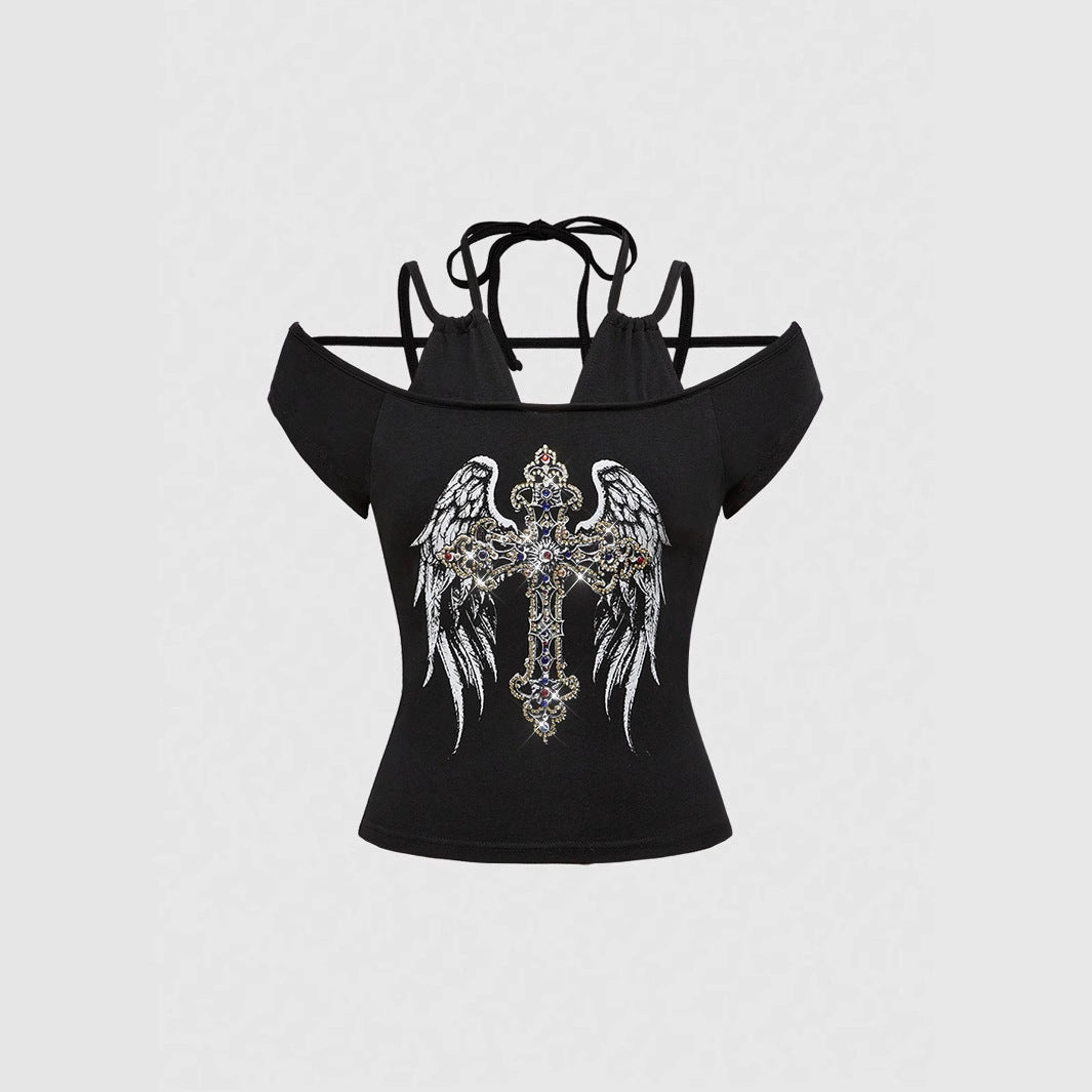 Damen Off-Shoulder Top mit funkelndem Kreuz-Design R&B