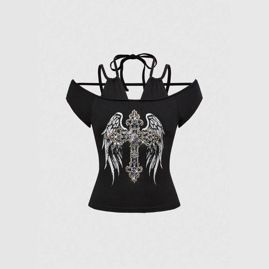 Damen Off-Shoulder Top mit funkelndem Kreuz-Design R&B