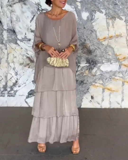 Damen Maxikleid mit fließendem Rock und eleganten Rüschendetails Heidi-Mode
