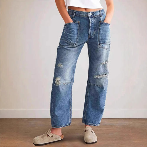 Damen weit geschnittene Jeans mit kreativen Taschen und Destroyed-Details R&B