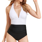 Damen Einteiler Badeanzug mit tiefem V-Ausschnitt und farbblockierendem Design R&B
