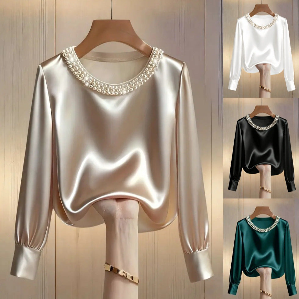 Damen elegante satinierte Bluse mit Perlenkragen R&B
