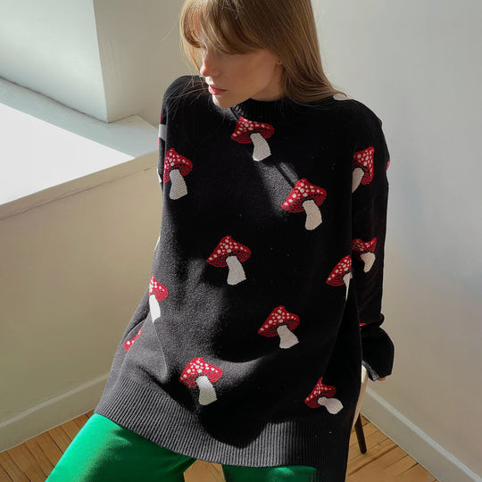 Damen Pullover mit verspielten Pilzstickereien R&B