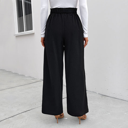 Damen elegante Hochtaillen-Breite Hose mit strukturiertem Stoff und dekorativen Knopfdetails R&B