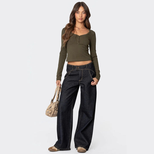 Damen Cropped Langarmhemd mit Knopfleiste und weichem Stoff R&B