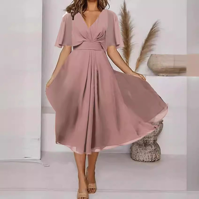 Damen elegantes Maxikleid mit fließenden Ärmeln und V-Ausschnitt R&B