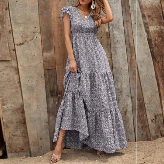 Damen Maxikleid mit voluminösem Rock und dekorativen Rüschen R&B