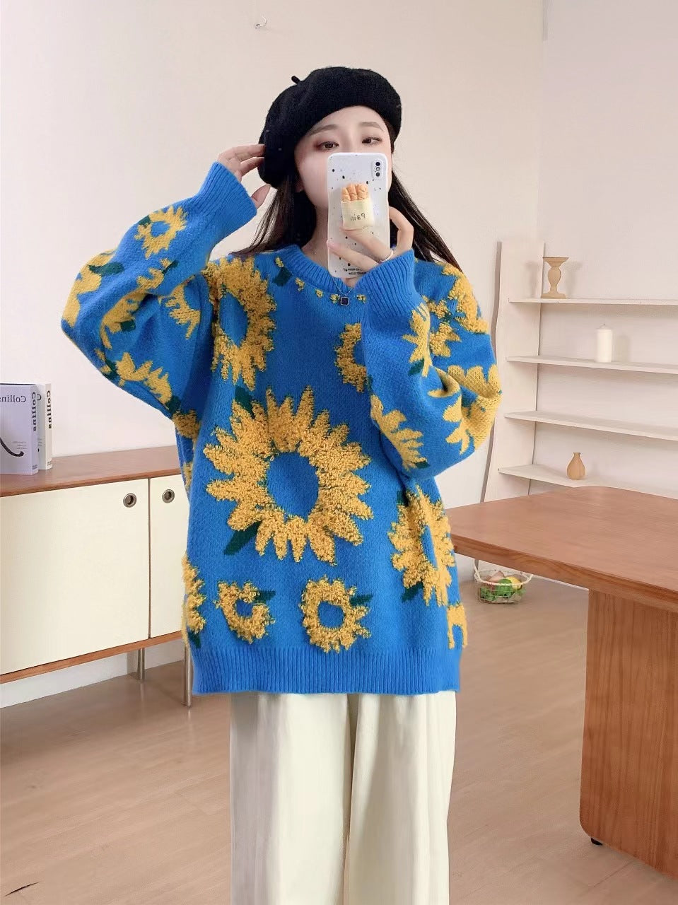 Damen Grobstrickpullover mit floralen Applikationen R&B