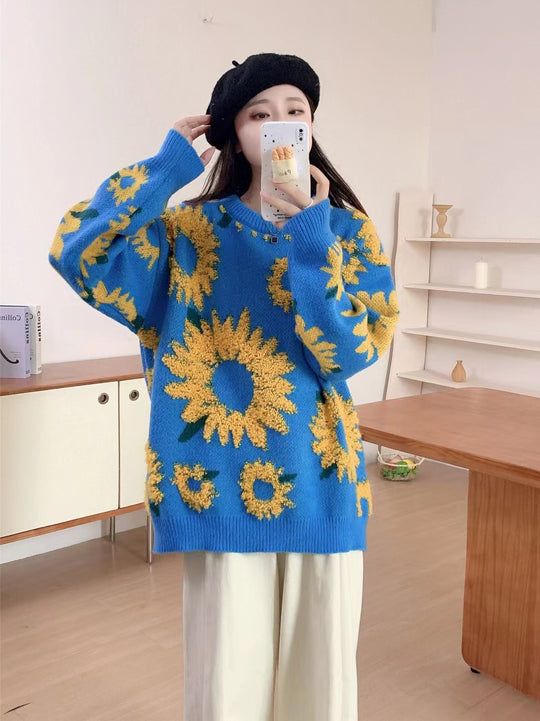 Damen Grobstrickpullover mit floralen Applikationen R&B