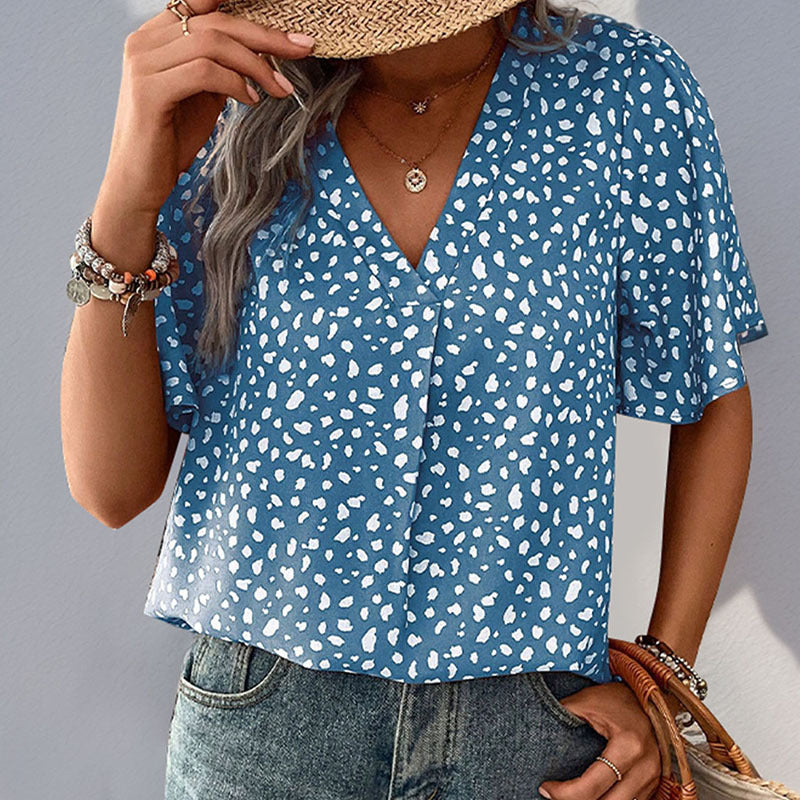 Damen V-Ausschnitt T-Shirt mit Leopardenmuster und fließendem Schnitt R&B