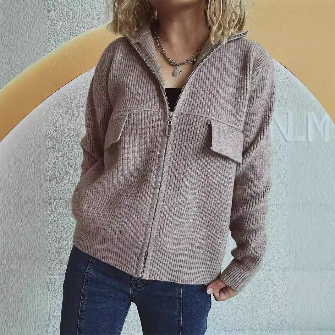 Damen lässige Strickjacke mit praktischen Taschen und hohem Kragen R&B