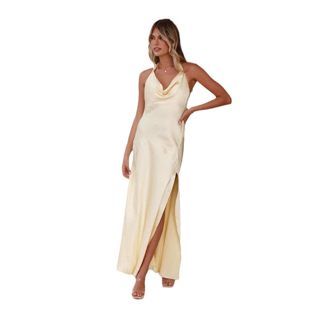 Damen Maxikleid mit halb-transparentem Halterneck und erotischem Schlitz R&B