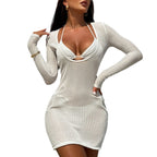 Damen körperbetontes Strandkleid mit langen Ärmeln und raffinierter Ausschnitt R&B