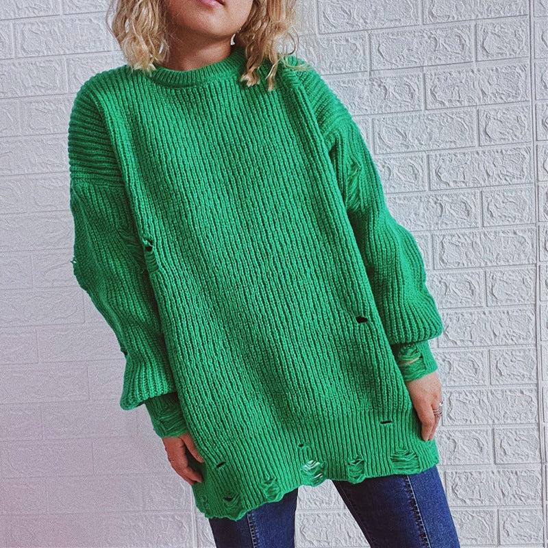 Damen Grobstrickpullover mit lässigen Rückenschlitzen und weiten Ärmeln R&B