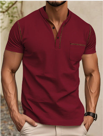 Herren nan modernes Kurzarm-Henley mit Stehkragen, Kontrastnähten und aufgesetzter Brusttasche R&B