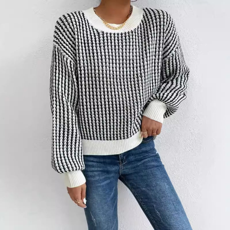 Damen lässiger Strickpullover mit voluminösen Ärmeln und strukturiertem Muster R&B