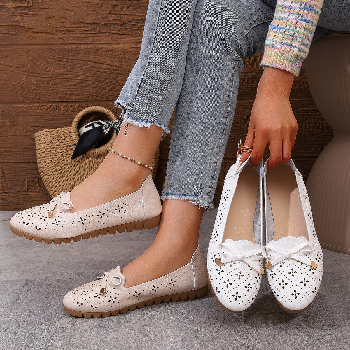 Damen Ballerinas mit elegantem Lochmuster und dekorativem Schleifendetail R&B