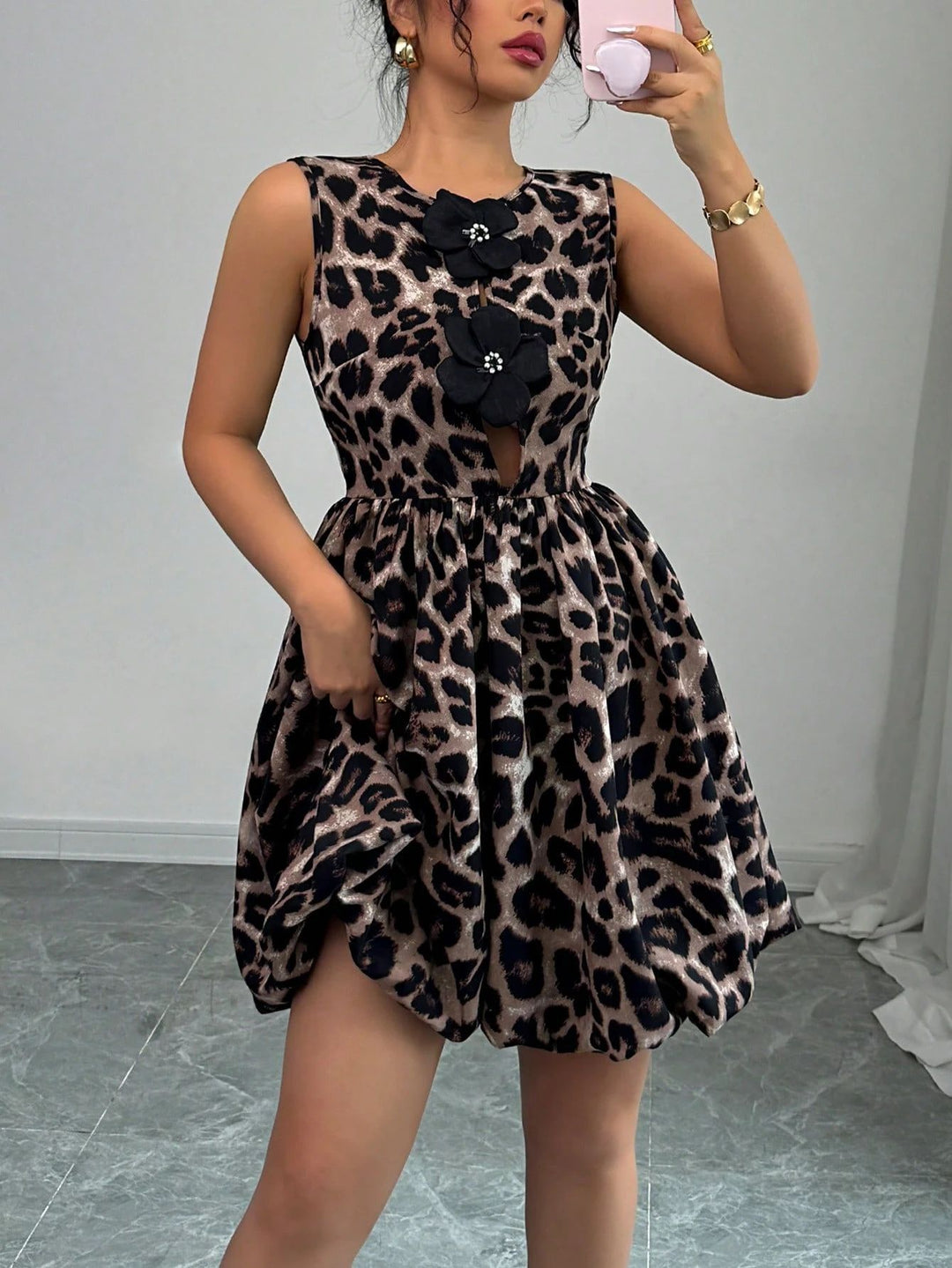 Damen nan kurzes Partykleid mit Leopardenmuster, floralen Applikationen und tailliertem Ballonrock R&B