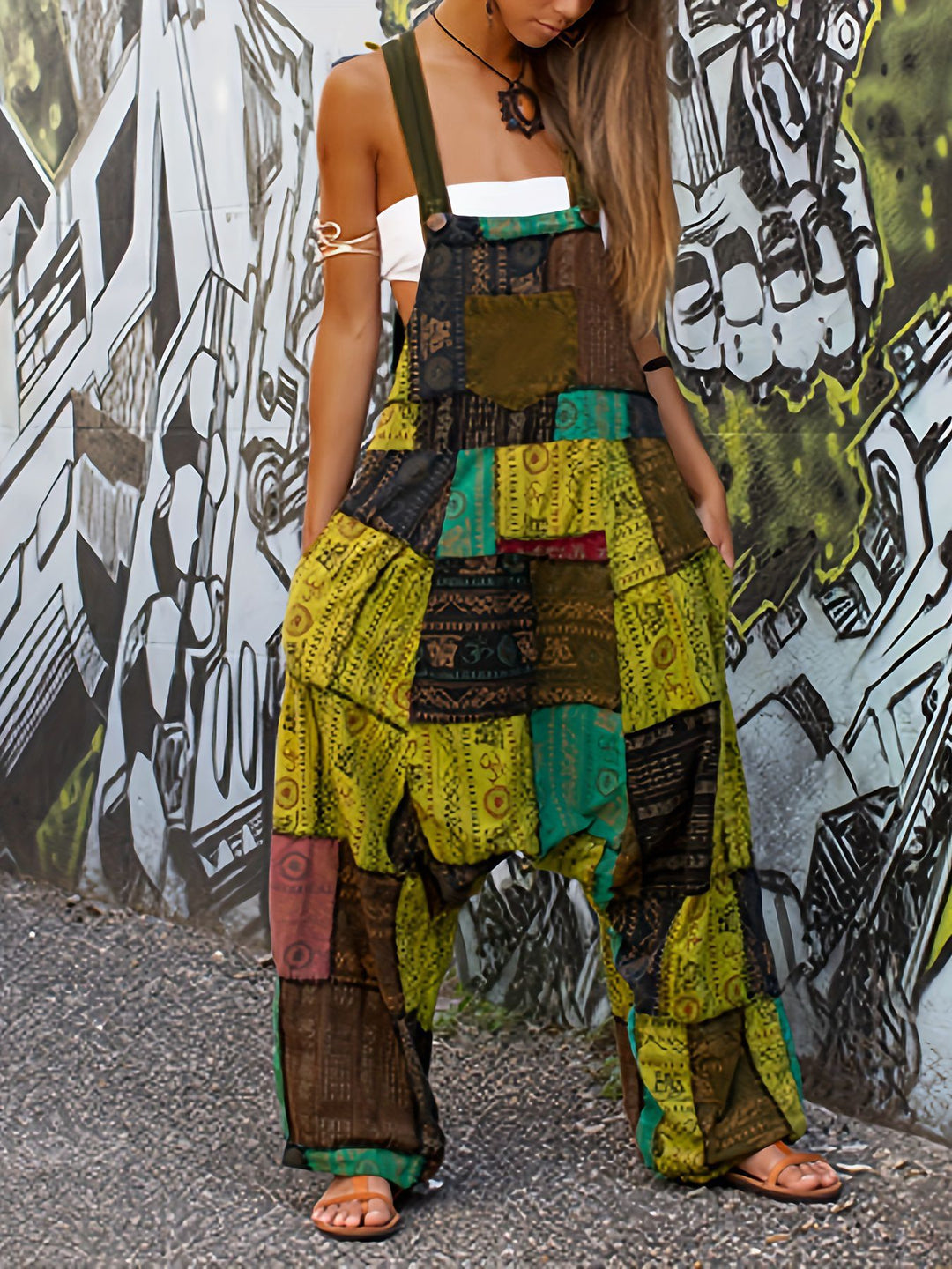 Damen Lässiger Jumpsuit mit buntem Patchwork-Muster R&B