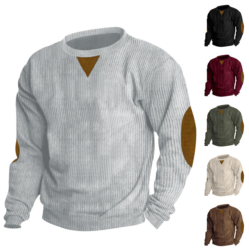 Herren nan grobgerippter Rundhals-Strickpullover mit Ellbogenpatches und Dreiecksdetail R&B