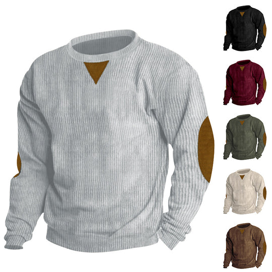 Herren nan grobgerippter Rundhals-Strickpullover mit Ellbogenpatches und Dreiecksdetail R&B