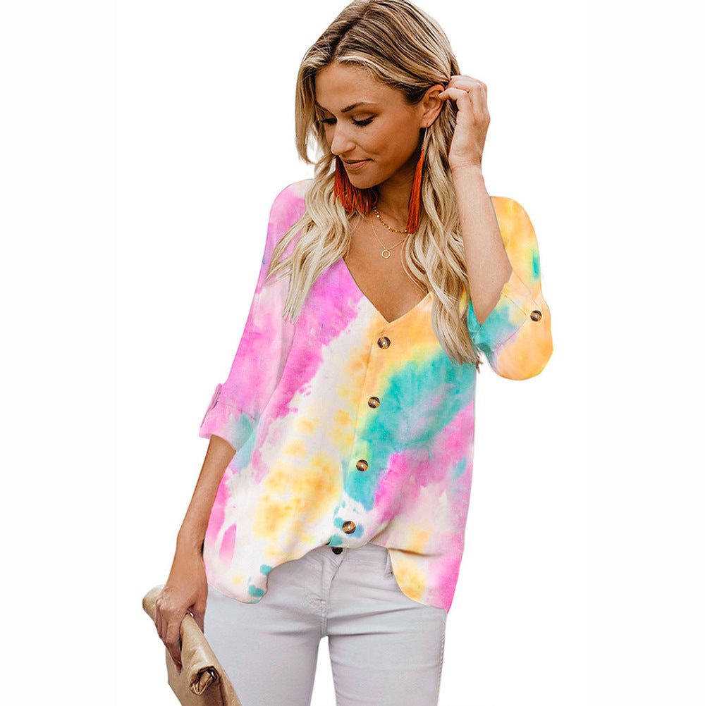 Damen Lässige Bluse mit buntem Farbverlauf und umschlagbaren Ärmel R&B