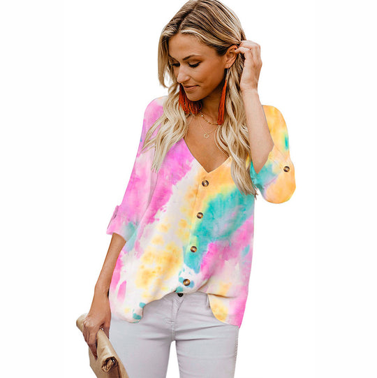 Damen Lässige Bluse mit buntem Farbverlauf und umschlagbaren Ärmel R&B