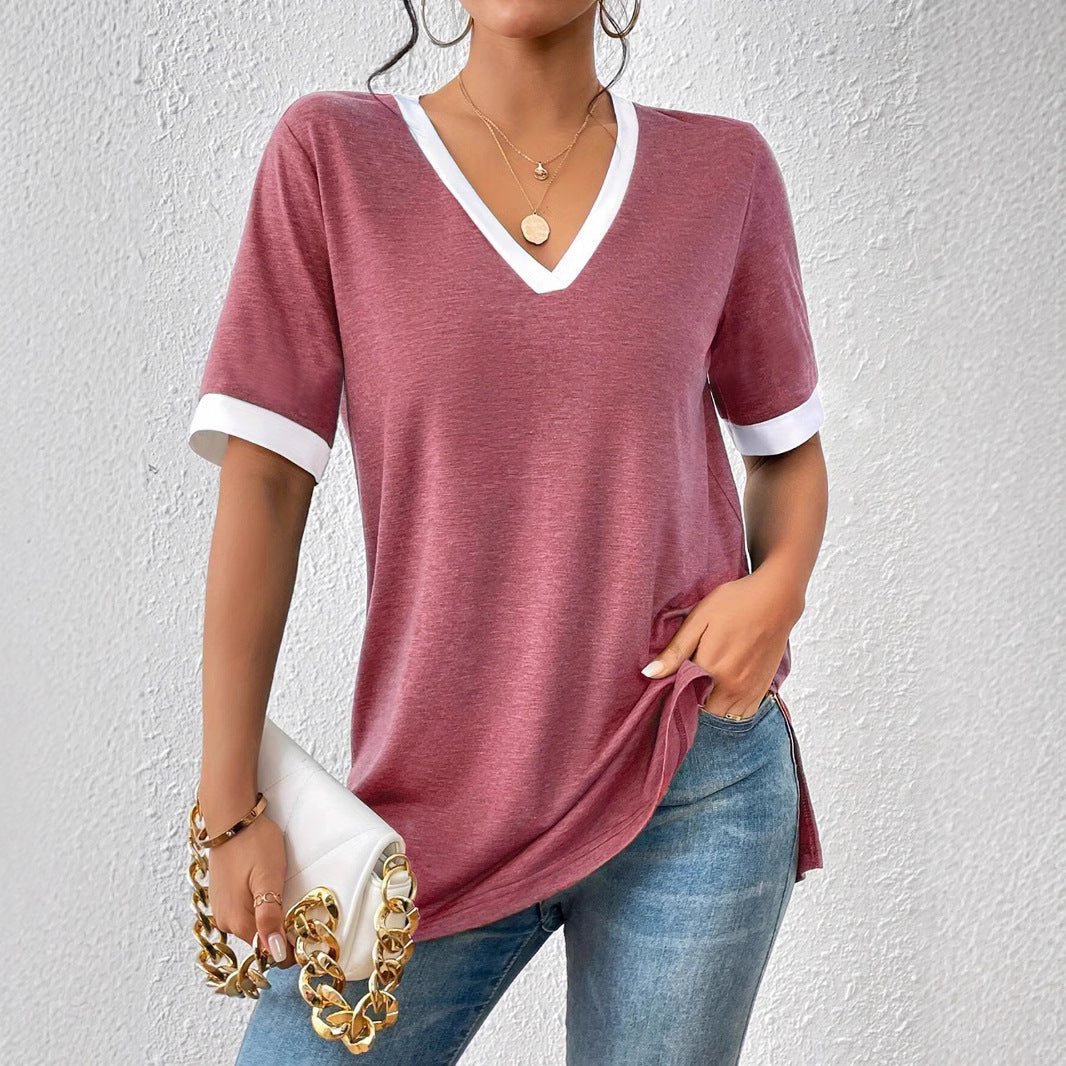 Damen V-Ausschnitt T-Shirt mit modischen Akzenten und bequemen Schnitt R&B