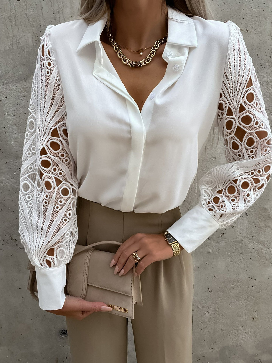 Damen Elegante Bluse mit kunstvollen Spitzenärmeln R&B